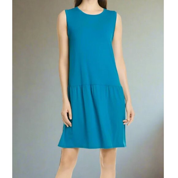 Eileen Fisher A-Line Stretch Dress Large Blue Sleeveless Drop Waist  Summer - Picture 1 of 6
